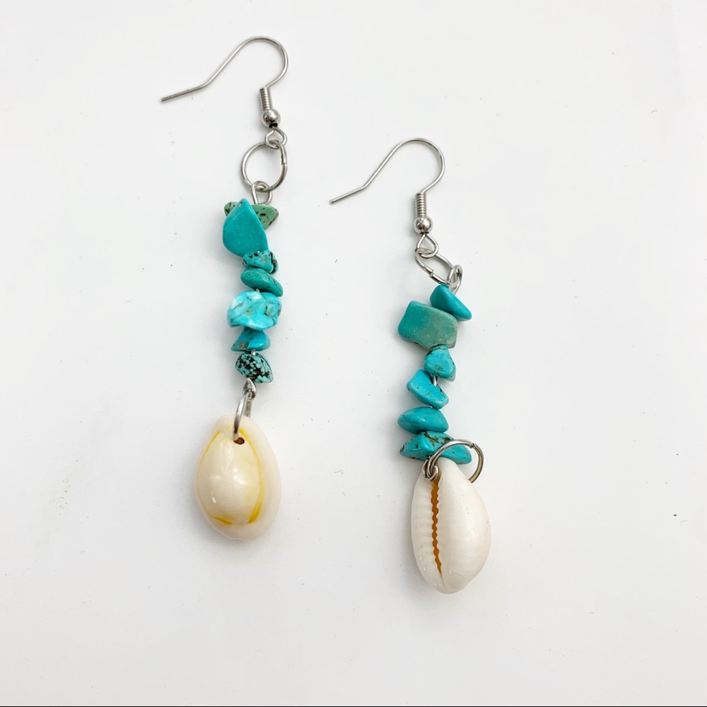 Turquoise and cowrie shell dangle earrings